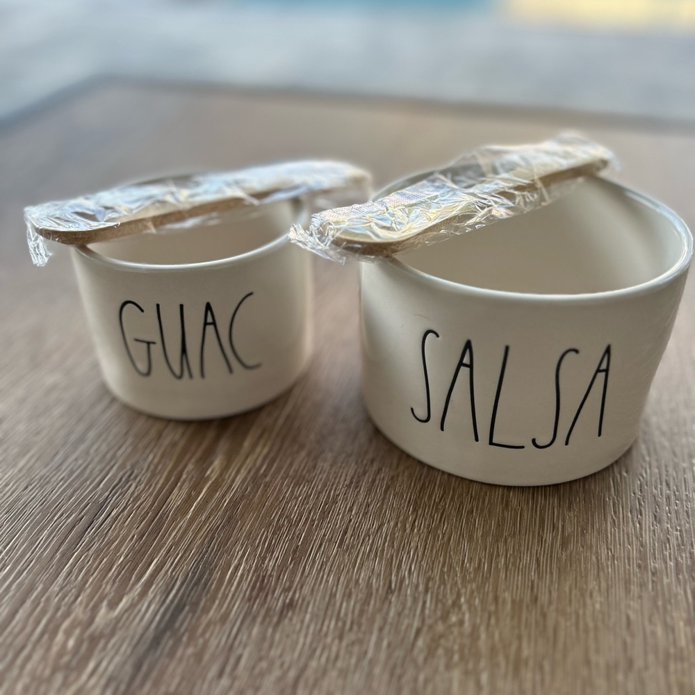 Rae Dunn Artisan Guac & Salsa Set with 2 Bamboo Spoons